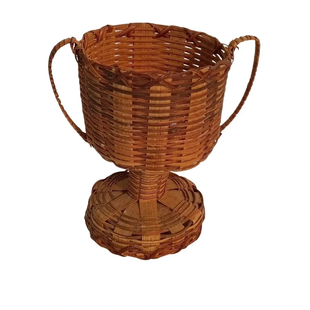 Vintage Woven Wicker Trophy Basket Chalice Urn Pedestal Planter Boho Decor Brown